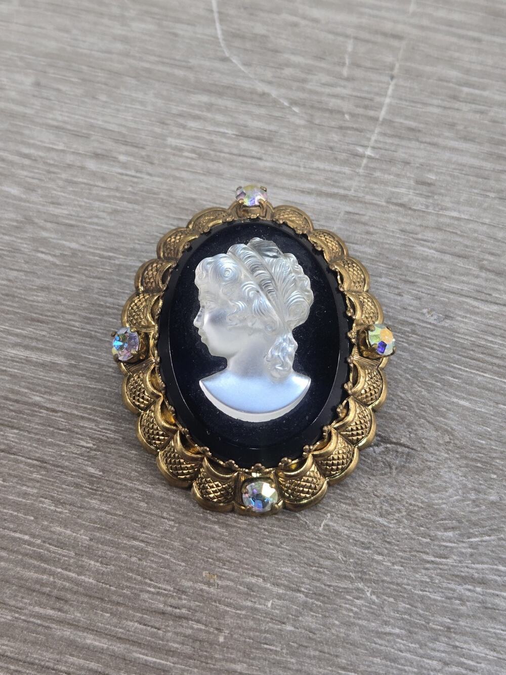 Vintage Germany Brooch Cameo Gold Tone Black Filigree Clear Rhinestones